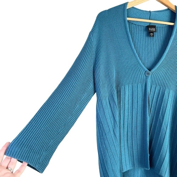 Eileen Fisher Merino Wool Ribbed Single‎ Button Cardigan in Teal, Size Medium - Picture 6 of 12